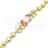 Oro Laminado Fancy Bracelet, Gold Filled Style Leaf and Heart Design, with Multicolor Cubic Zirconia, Polished, Golden Finish, 03.210.0114.1.07