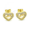 Oro Laminado Stud Earring, Gold Filled Style Heart and Love Design, with White Micro Pave, Polished, Golden Finish, 02.156.0389