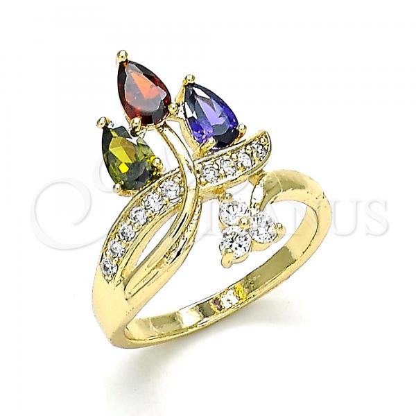 Oro Laminado Multi Stone Ring, Gold Filled Style Teardrop Design, with Multicolor Cubic Zirconia and White Micro Pave, Polished, Golden Finish, 01.210.0138.07