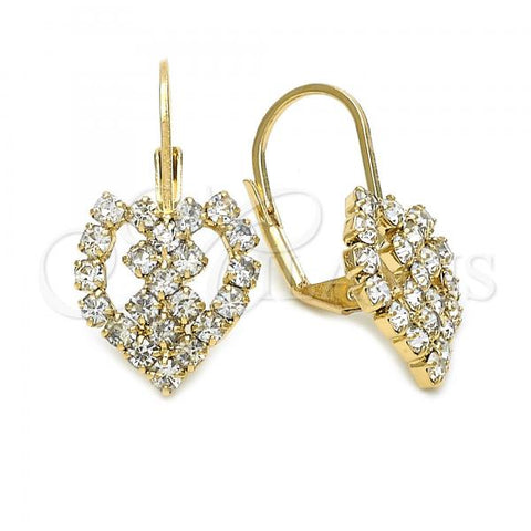 Oro Laminado Leverback Earring, Gold Filled Style Heart and Love Design, with White Cubic Zirconia, Polished, Golden Finish, 5.125.002