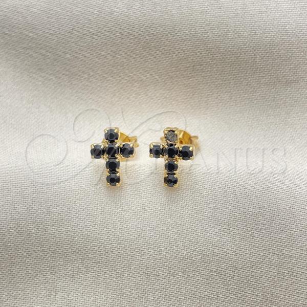 Oro Laminado Stud Earring, Gold Filled Style Cross Design, with Black Cubic Zirconia, Polished, Golden Finish, 02.02.0523.1