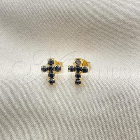 Oro Laminado Stud Earring, Gold Filled Style Cross Design, with Black Cubic Zirconia, Polished, Golden Finish, 02.02.0523.1