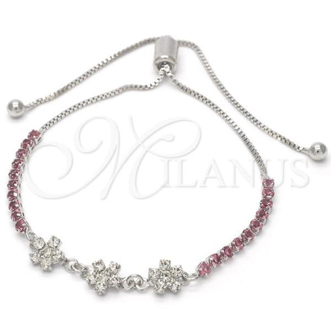 Rhodium Plated Adjustable Bolo Bracelet, Flower and Box Design, with Pink and White Cubic Zirconia, Polished, Rhodium Finish, 03.32.0107.3.10