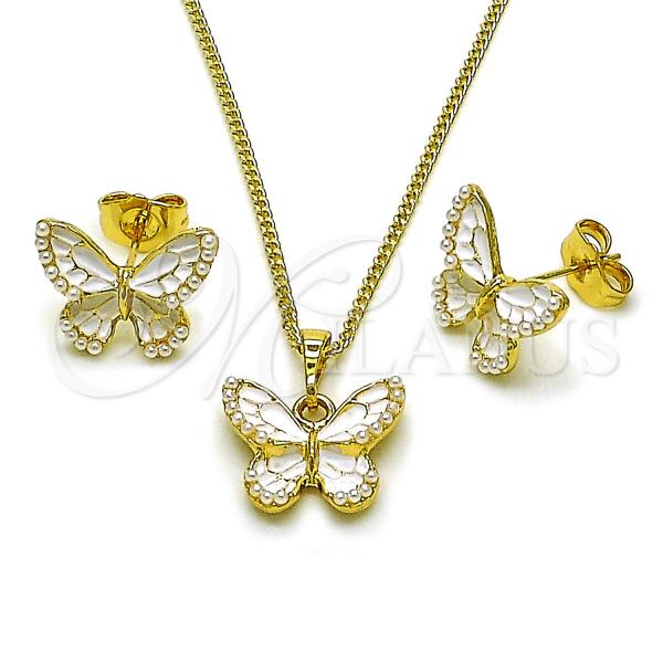 Oro Laminado Earring and Pendant Adult Set, Gold Filled Style Butterfly Design, with Ivory Mother of Pearl, White Enamel Finish, Golden Finish, 10.379.0094.1