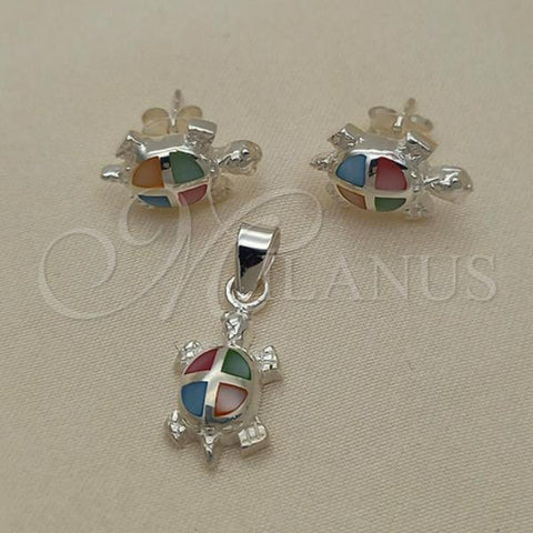 Sterling Silver Earring and Pendant Adult Set, Turtle Design, with Multicolor Mother of Pearl, Polished, Silver Finish, 10.399.0014