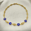 Oro Laminado Fancy Anklet, Gold Filled Style Puff Mariner and Evil Eye Design, Polished, Golden Finish, 03.32.0623.10