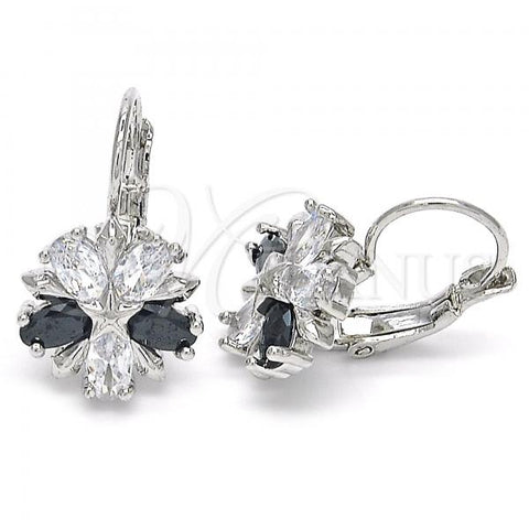Rhodium Plated Leverback Earring, Flower and Star Design, with Black and White Cubic Zirconia, Polished, Rhodium Finish, 02.210.0218.6
