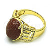 Oro Laminado Multi Stone Ring, Gold Filled Style Greek Key Design, with Brown  and White Micro Pave, Polished, Golden Finish, 01.210.0134.09