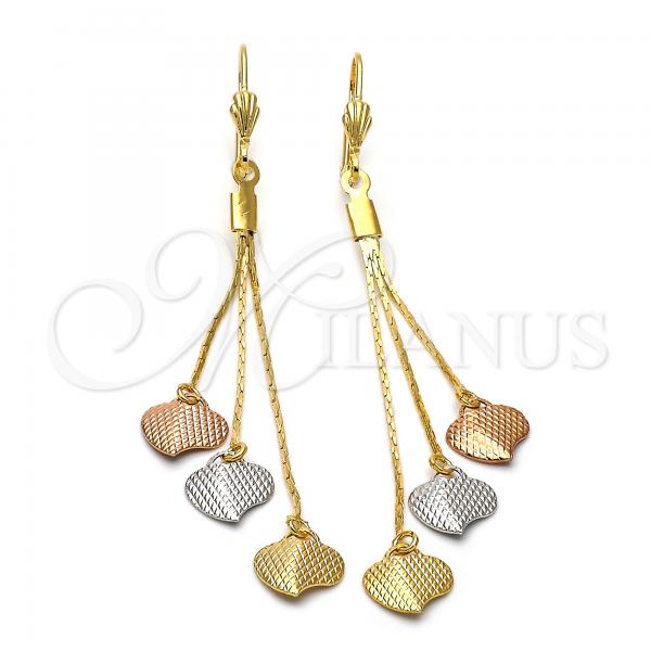 Oro Laminado Long Earring, Gold Filled Style Heart Design, Diamond Cutting Finish, Tricolor, 5.105.003