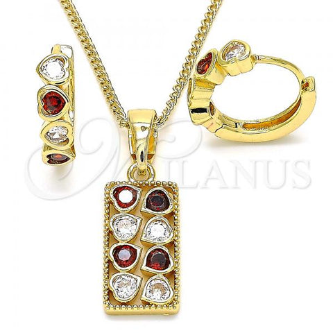 Oro Laminado Earring and Pendant Adult Set, Gold Filled Style Heart Design, with Garnet and White Cubic Zirconia, Polished, Golden Finish, 10.210.0155.1