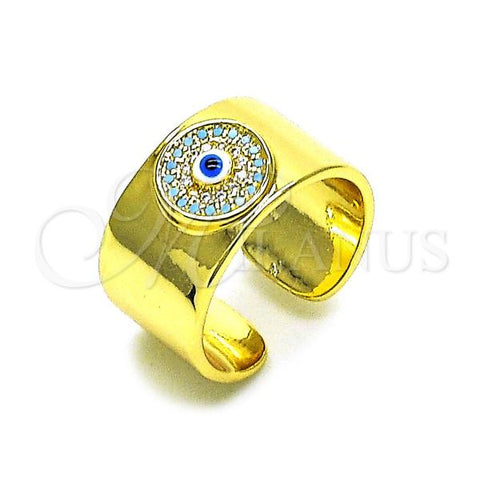 Oro Laminado Multi Stone Ring, Gold Filled Style Evil Eye Design, with Turquoise and White Micro Pave, Polished, Golden Finish, 01.341.0103