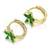 Oro Laminado Huggie Hoop, Gold Filled Style Flower Design, with Green Cubic Zirconia, Polished, Golden Finish, 02.210.0496.5.15