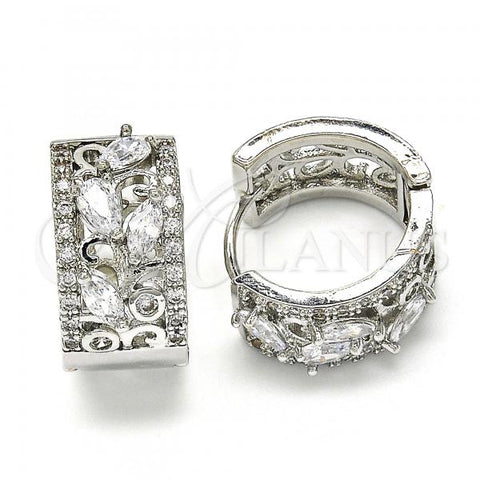 Rhodium Plated Huggie Hoop, Teardrop and Leaf Design, with White Cubic Zirconia, Polished, Rhodium Finish, 02.210.0090.7.15