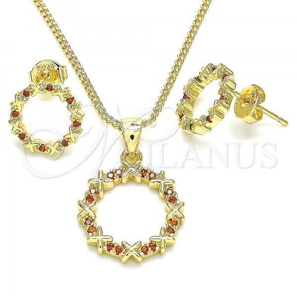 Oro Laminado Earring and Pendant Adult Set, Gold Filled Style with Garnet Micro Pave, Polished, Golden Finish, 10.156.0150.3