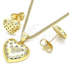 Oro Laminado Earring and Pendant Adult Set, Gold Filled Style Heart Design, with White Micro Pave, Polished, Golden Finish, 10.156.0291