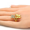Oro Laminado Multi Stone Ring, Gold Filled Style Flower and Butterfly Design, with White Crystal, Polished, Golden Finish, 01.241.0036.09 (Size 9)