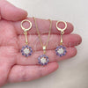 Oro Laminado Earring and Pendant Adult Set, Gold Filled Style Flower Design, with Amethyst and White Cubic Zirconia, Polished, Golden Finish, 10.387.0011.2