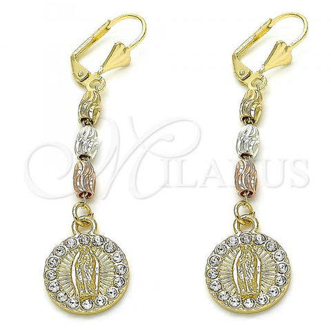 Oro Laminado Long Earring, Gold Filled Style Guadalupe Design, with White Crystal, Diamond Cutting Finish, Golden Finish, 02.351.0028.1