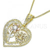 Oro Laminado Pendant Necklace, Gold Filled Style Heart and Flower Design, with White Crystal, Polished, Tricolor, 04.351.0018.20