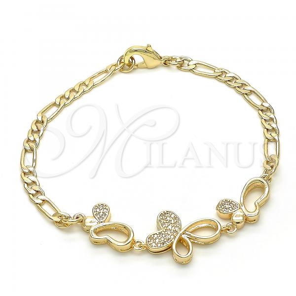 Oro Laminado Fancy Bracelet, Gold Filled Style Butterfly Design, with White Cubic Zirconia, Polished, Golden Finish, 03.233.0037.08