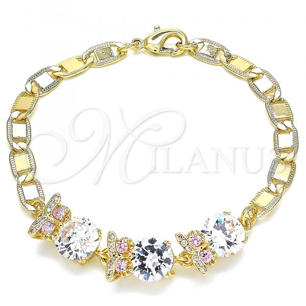 Oro Laminado Fancy Bracelet, Gold Filled Style Owl Design, with Pink and White Cubic Zirconia, Polished, Golden Finish, 03.63.2135.2.07