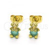 Oro Laminado Stud Earring, Gold Filled Style Teddy Bear Design, with Aqua Blue and White Cubic Zirconia, Polished, Golden Finish, 02.210.0766