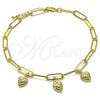 Oro Laminado Charm Anklet , Gold Filled Style Heart and Paperclip Design, Polished, Golden Finish, 03.63.2279.10