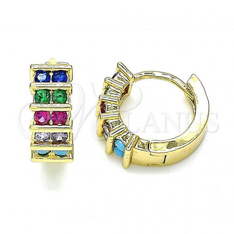 Oro Laminado Huggie Hoop, Gold Filled Style with Multicolor Cubic Zirconia, Polished, Golden Finish, 02.210.0589.2.12