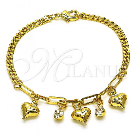 Oro Laminado Charm Bracelet, Gold Filled Style Heart and Paperclip Design, with White Crystal, Polished, Golden Finish, 03.63.2234.07