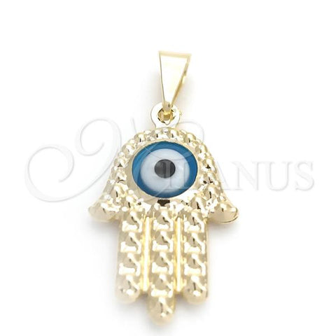 Oro Laminado Fancy Pendant, Gold Filled Style Hand of God and Evil Eye Design, Light Blue Enamel Finish, Golden Finish, 05.32.0083