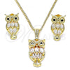 Oro Laminado Earring and Pendant Adult Set, Gold Filled Style Owl Design, with White and Black Cubic Zirconia, Polished, Golden Finish, 10.210.0130.1