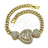 Oro Laminado Fancy Bracelet, Gold Filled Style Heart and Baguette Design, with White Micro Pave and White Cubic Zirconia, Polished, Golden Finish, 03.283.0202.07