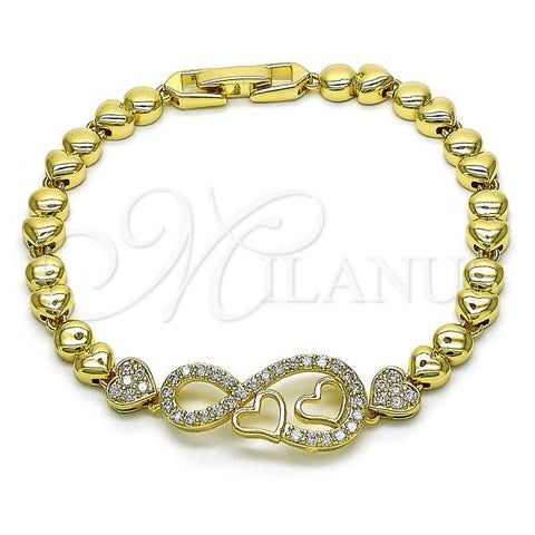 Oro Laminado Fancy Bracelet, Gold Filled Style Infinite and Heart Design, with White Micro Pave, Polished, Golden Finish, 03.283.0371.07