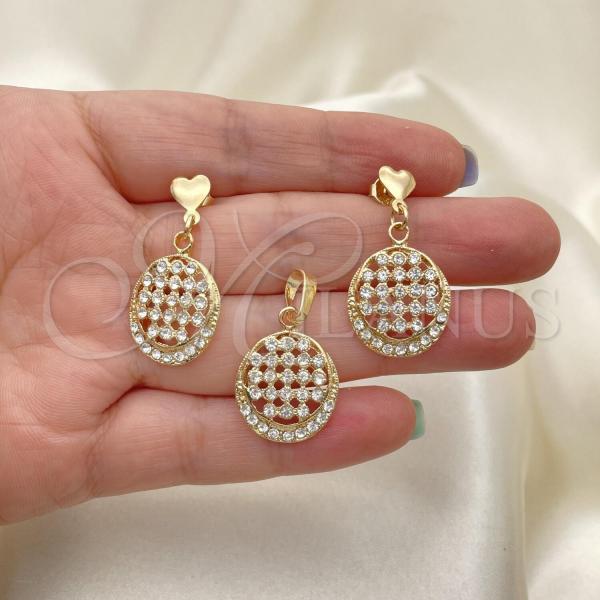 Oro Laminado Earring and Pendant Adult Set, Gold Filled Style with White Crystal, Polished, Golden Finish, 10.63.0575