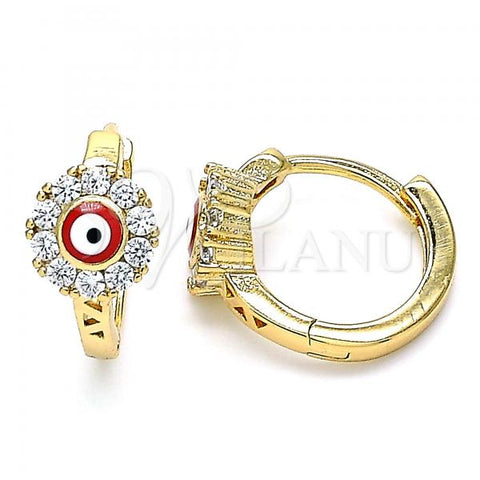 Oro Laminado Huggie Hoop, Gold Filled Style Evil Eye and Flower Design, with White Cubic Zirconia, Red Enamel Finish, Golden Finish, 02.213.0190.15