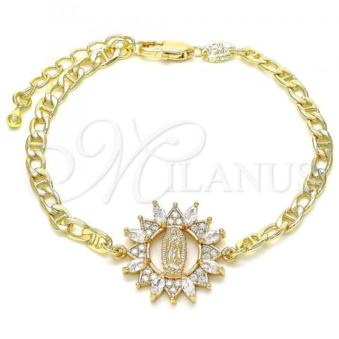 Oro Laminado Fancy Bracelet, Gold Filled Style Guadalupe Design, with White Cubic Zirconia and White Micro Pave, Polished, Golden Finish, 03.210.0147.07