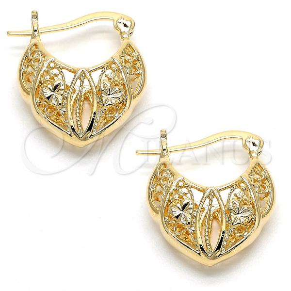 Oro Laminado Small Hoop, Gold Filled Style Filigree and Flower Design, Diamond Cutting Finish, Golden Finish, 5.151.018.1