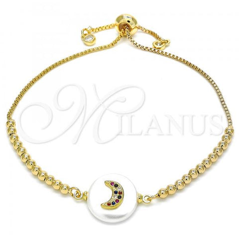 Oro Laminado Adjustable Bolo Bracelet, Gold Filled Style Moon Design, with Multicolor Cubic Zirconia, Polished, Golden Finish, 03.63.2119.10
