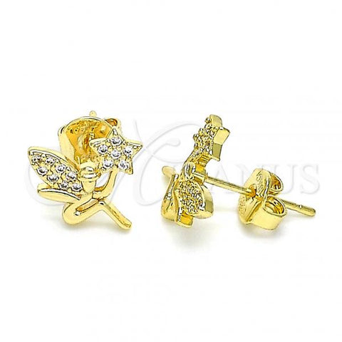 Oro Laminado Stud Earring, Gold Filled Style Angel and Star Design, with White Micro Pave, Polished, Golden Finish, 02.156.0615