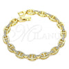 Oro Laminado Fancy Bracelet, Gold Filled Style Puff Mariner Design, with White Micro Pave, Polished, Golden Finish, 03.283.0033.08