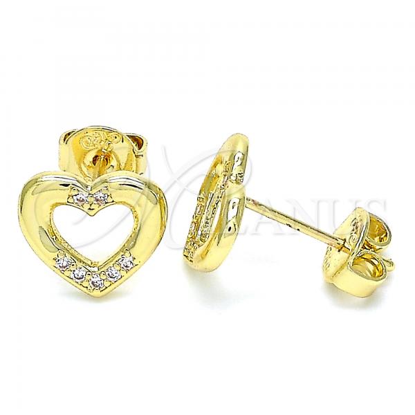 Oro Laminado Stud Earring, Gold Filled Style Heart Design, with White Micro Pave, Polished, Golden Finish, 02.156.0469