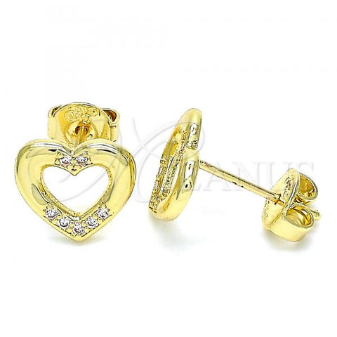 Oro Laminado Stud Earring, Gold Filled Style Heart Design, with White Micro Pave, Polished, Golden Finish, 02.156.0469