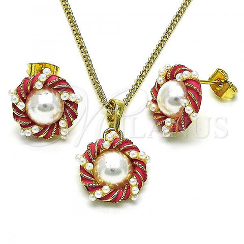 Oro Laminado Earring and Pendant Adult Set, Gold Filled Style with Ivory Pearl, Pink Enamel Finish, Golden Finish, 10.379.0044.1