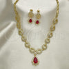 Oro Laminado Necklace and Earring, Gold Filled Style Teardrop and Flower Design, with Garnet and White Cubic Zirconia, Polished, Golden Finish, 06.205.0024.1