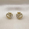 Oro Laminado Stud Earring, Gold Filled Style Heart Design, with White Micro Pave, Polished, Golden Finish, 02.213.0787