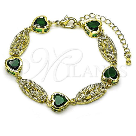 Oro Laminado Fancy Bracelet, Gold Filled Style Guadalupe and Heart Design, with Green Cubic Zirconia, Polished, Golden Finish, 03.423.0001.2.07