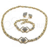 Oro Laminado Necklace, Bracelet and Earring, Gold Filled Style Hugs and Kisses Design, with White Crystal, Polished, Golden Finish, 06.372.0010