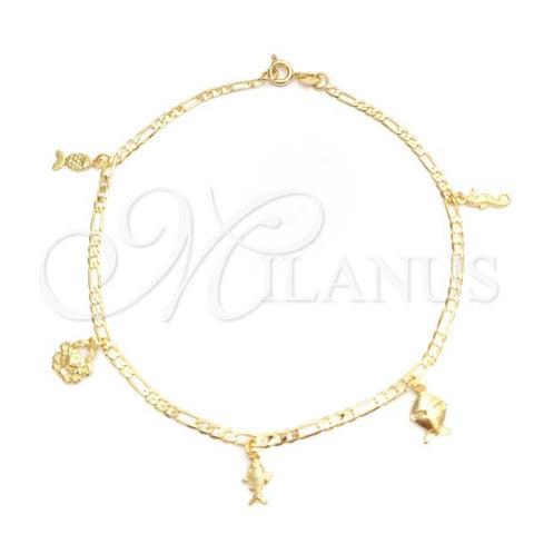 Oro Laminado Charm Anklet , Gold Filled Style Seahorse and Fish Design, Polished, Golden Finish, 03.58.0030.10