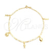 Oro Laminado Charm Anklet , Gold Filled Style Seahorse and Fish Design, Polished, Golden Finish, 03.58.0030.10
