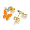 Oro Laminado Stud Earring, Gold Filled Style Butterfly Design, with White Micro Pave, Orange Enamel Finish, Golden Finish, 02.213.0178.2